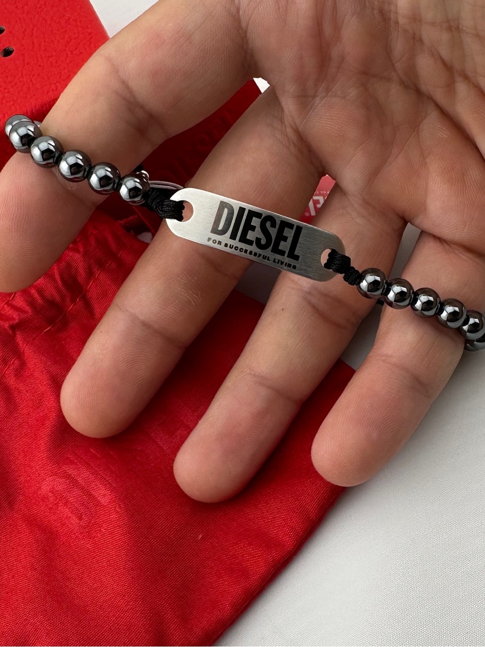 Diesel Hematite Beaded Logo Bracelet with Silver Plate